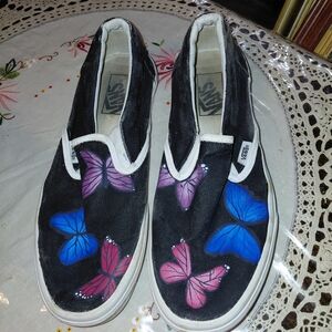 Vans Black Slip-On Sneakers with Pink & Blue Butterfly Motif